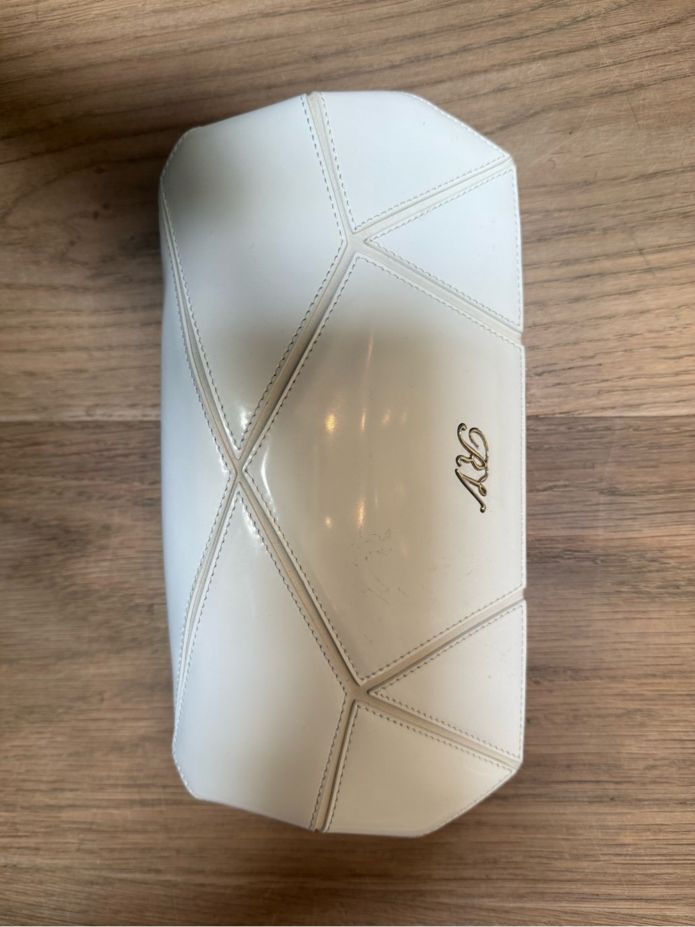 Roger Vivier White Patent Geometric Clutch with Gold Logo